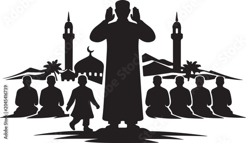 Fotografie Islamic congregation prayer led by imam silhouette