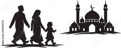 Photos Muslim family walking to mosque silhouette