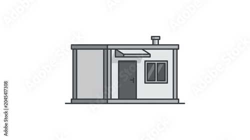Modern modular office building, simple structure, neutral tones, isolated on white background.