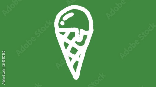 White ice cream cone cartoon graphic with chalk outline single scoop waffle cone icon isolated on green screen background for summer refreshment and dessert line art element concept.
