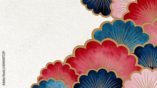 花と植物をあしらった和柄のボタニカル背景イラスト。水彩風、和風、和モダン、装飾、フレーム、花柄、植物柄、テクスチャ、壁紙、背景素材、カード、招待状、ポスター、表紙、包装紙、広告、販促、バナー、テンプレート、コピースペース付きで幅広い用途に使いやすい上品でやさしいデザイン。上質感のある和の演出に活躍。幅広い媒体で使いやすい意匠。華やかで落ち着いた印象。洗練された和の雰囲気。上品な華やぎを添える構成。