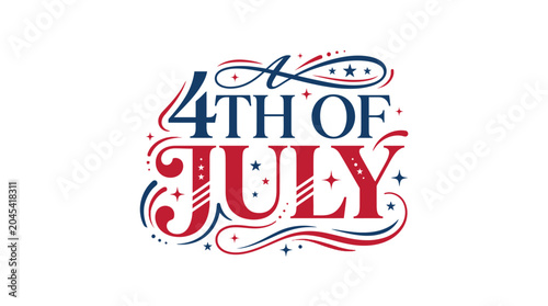 Ornate July Fourth script design with decorative swirls.