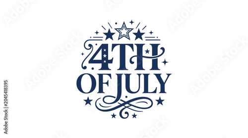 Ornate navy blue 4th of July typography with scrolls.