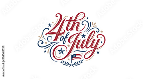 Ornate script Fourth of July design with American flag.