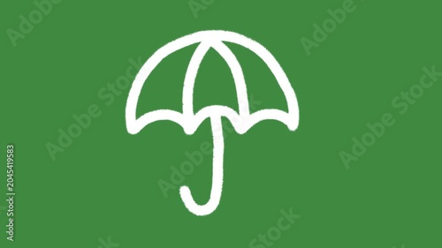 White umbrella cartoon graphic with chalk outline classic umbrella icon isolated on green screen background for weather protection symbol and safety insurance line art element concept.
