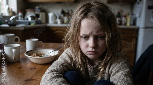 Sad Child Family Crisis, Sad Child in Kitchen Setting with Breakfast Items