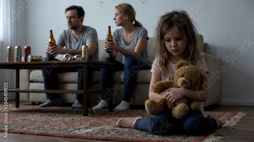 Sad Child Family Crisis, Emotional Scene of Family Struggles with Addiction