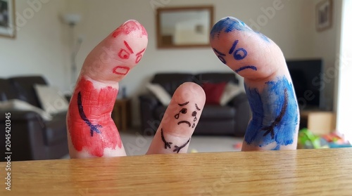 Sad Child Family Crisis, Family Conflict Illustrated with Finger Puppets