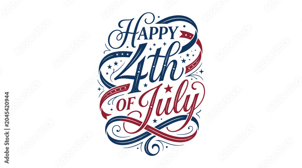Fototapeta premium Happy 4th of July script typography with swirling flourishes.