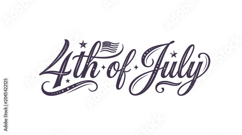 Elegant script 4th of July typography with flag and stars.