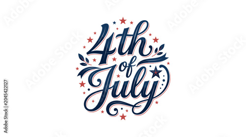 Elegant script 4th of July typography with decorative flourishes.
