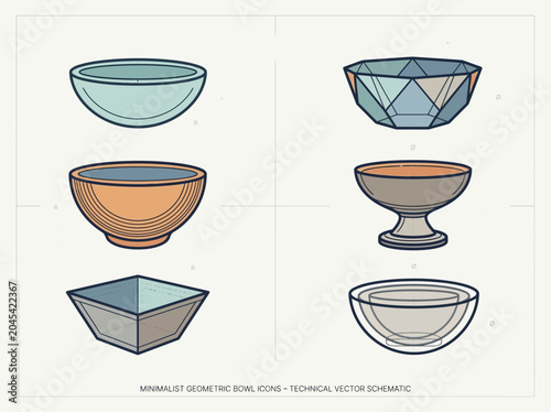 Quadro su tela Minimalist Geometric Bowl Icons - Technical Vector Schematic Set with Product De