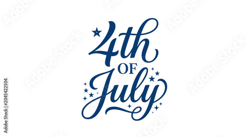 Elegant 4th of July script calligraphy with blue stars.