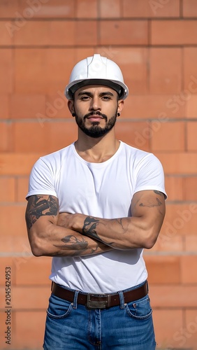 Confident man wearing white hard hat.