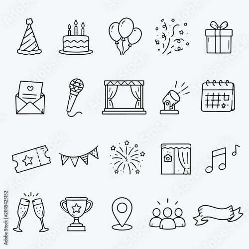 Black line icons for celebrations and events
