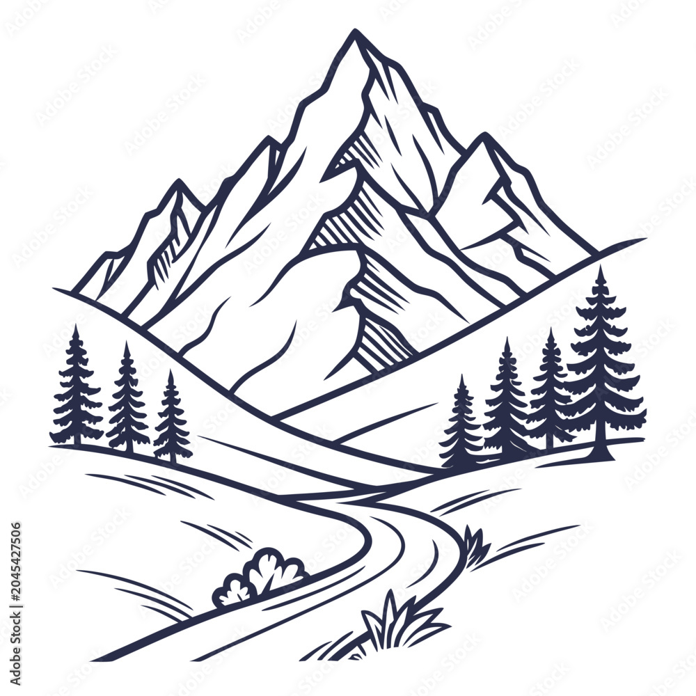 Obraz premium Winding road through mountain valley illustration with pine forest and rocky peaks for road trip journey and discovery of wild nature environment