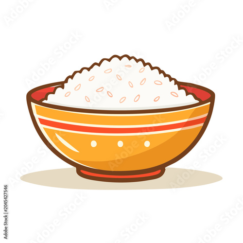 Illustration of a bowl of white rice with orange and red stripes