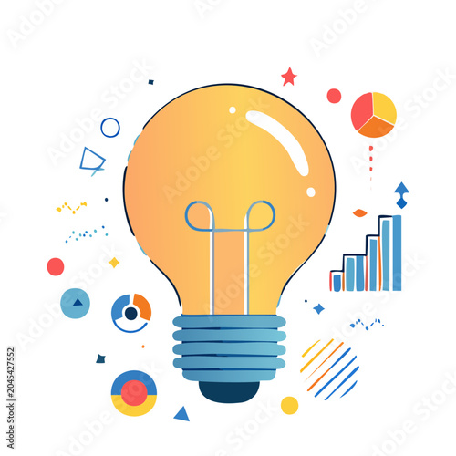 Illustration of a glowing light bulb with charts and geometric shapes
