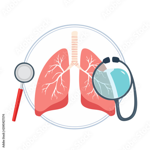 Illustration of Lungs with Stethoscope and Magnifying Glass