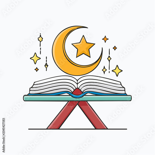 Islamic Crescent Moon and Star with Open Book on Stand