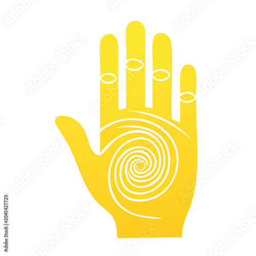 Yellow hand with spiral and rings on white background