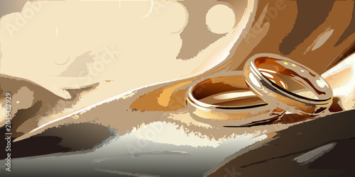 Obraz na plátně Golden wedding rings a stylized vector illustration with a blurred background