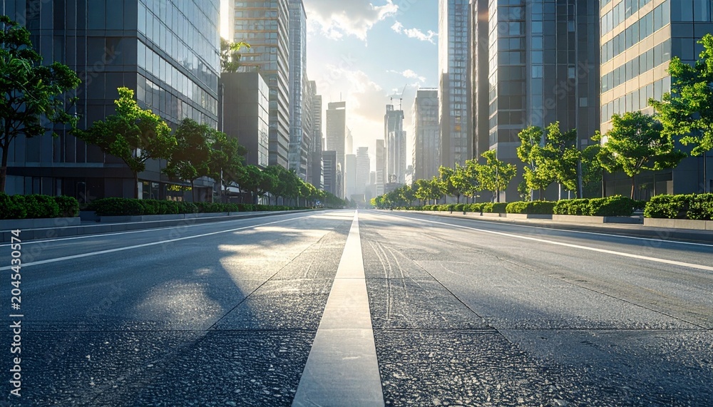 Fototapeta premium Brightly lit modern city street at dawn, showcasing contemporary architecture and an open road stretching into the urban horizon