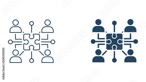 Foto Team members connected to central puzzle piece for collaborative problem solving
