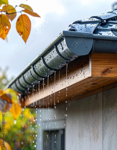 Rain cascading from a home's gutter system, with autumn leaves in the background, highlighting a functional building element during wet weather