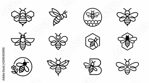 Black line art bee icons set.