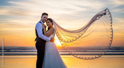Newlywed Couple Embracing on Beach at Sunset with Veil Blowing in Wind