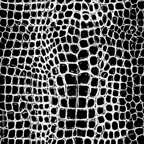 Repeating crocodile print vector background in black and white, faux animal skin texture in seamless modern pattern