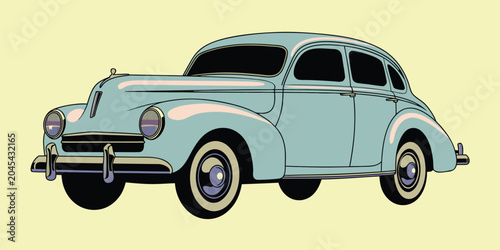 Vector illustration of a classic light blue vintage sedan isolated on a plain yellow background