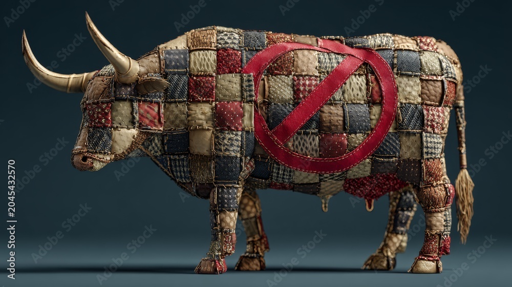 Obraz premium Stylized patchwork cow made of faux leather squares, stitched together visibly, with a red no-symbol overlaying the animal, symbol of anti-leather message