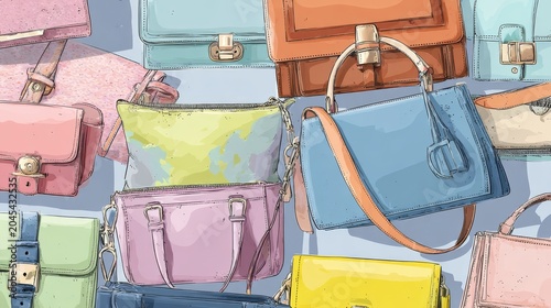 Stylized illustration of trendy female purses in pastel and bold tones, detailed with zippers, handles, and buckles, isolated elements with editable strokes