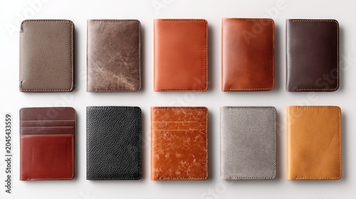 Top-down view collage of leather card organizers in assorted designs and finishes, aligned cleanly on white for e-commerce or branding mockup