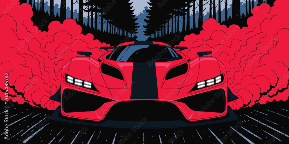 Obraz premium Stylized digital illustration of a red supercar speeding through a dark forest with red smoke