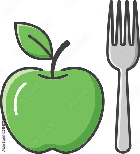 Green apple with a fork illustration isolated on transparent background