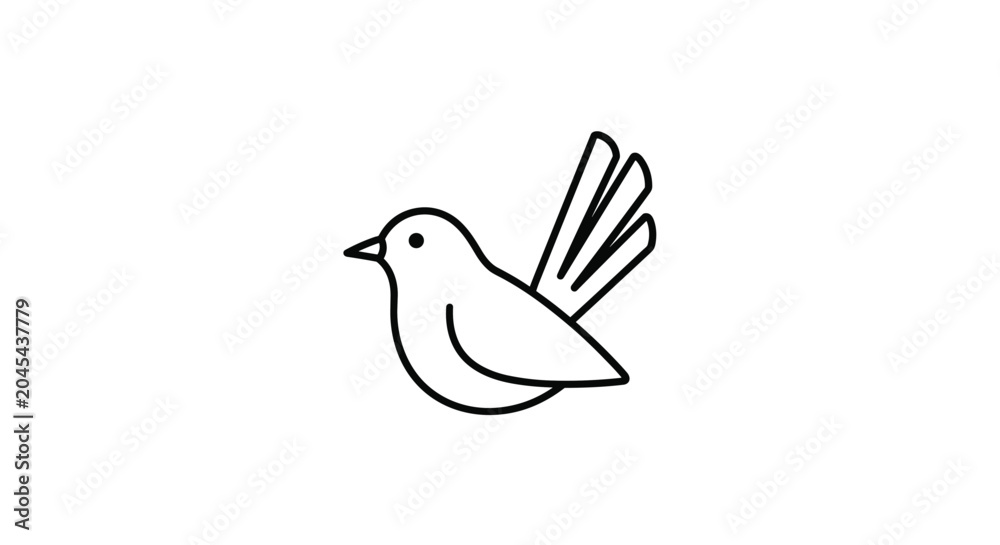 Fototapeta premium Simple minimalist line art illustration of a small bird profile with its tail feathers raised up on a clean white background.