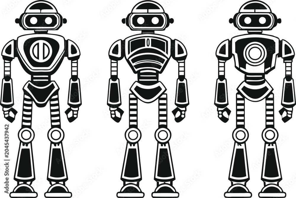 Naklejka premium Robot Illustration Design. Futuristic Robot Illustration. AI Robot Design. Humanoid Robot Illustration. Cartoon Robot Design. Smart Robot Illustration. Technology Robot Design. Mechanical Robot Art