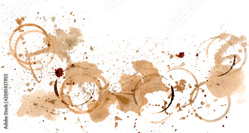 Foto Real watercolor coffee stains ring marks and splatters border horizontal isolated on white background