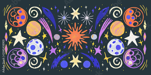 Tableau sur toile Cosmic scene with planets stars and sunbursts vector illustration