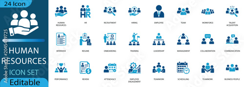 Human resources icon set. featuring recruitment, leadership, teamwork, and employee management elements in blue flat style for corporate business and workforce ect.
