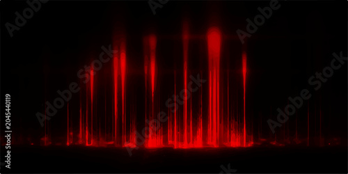 An atmospheric red sprite phenomenon illuminating the night sky with ethereal beams of light, captured in a dynamic, almost supernatural display.
