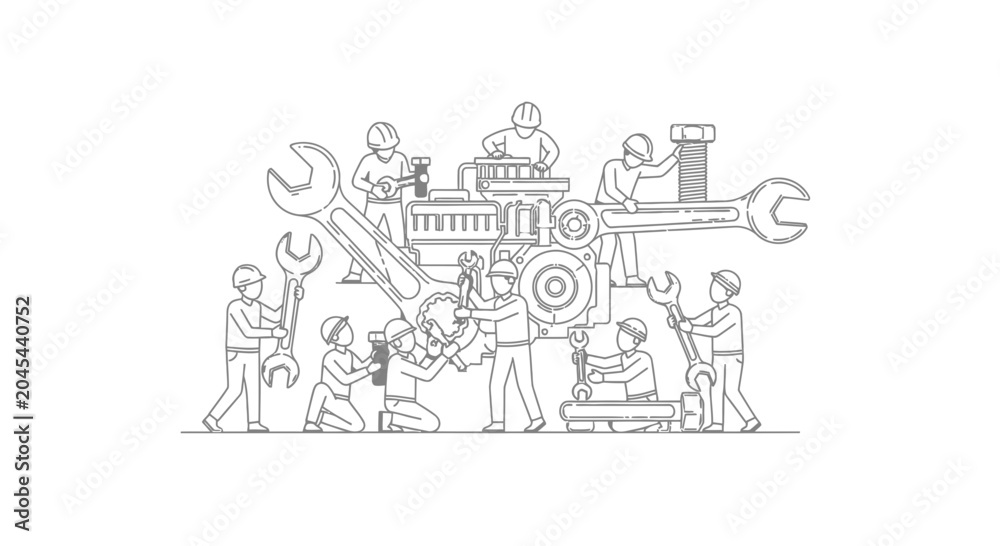 Obraz premium Tiny technicians team repairing a large engine using giant tools outline vector illustration