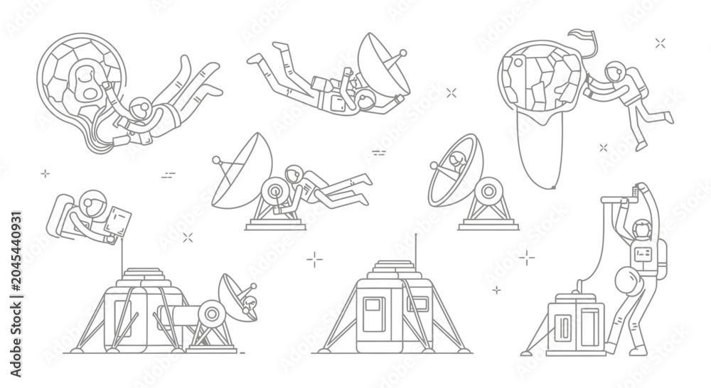 Fototapeta premium Space exploration line art set featuring astronauts and moon bases