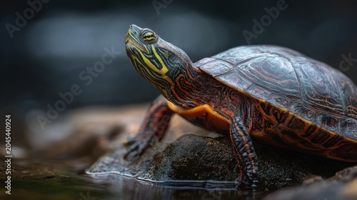 Painted turtle on wet rock with vivid markings in dramatic light
