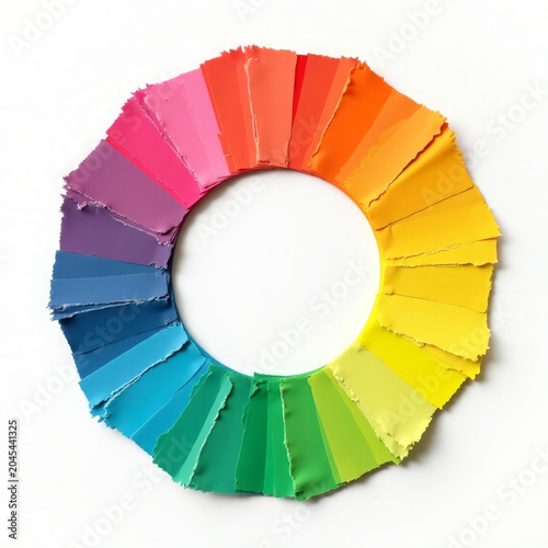 Colorful paper swatches arranged in a circular spectrum color wheel rainbow
