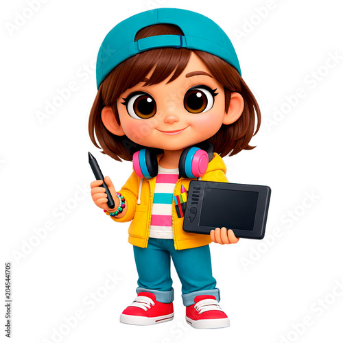 Cute cartoon girl artist with headphones holding a stylus and drawing tablet