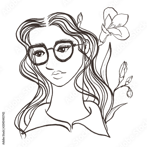Foto Minimalist Line Art Illustration of Beautiful Woman Portrait with Glasses and Fl